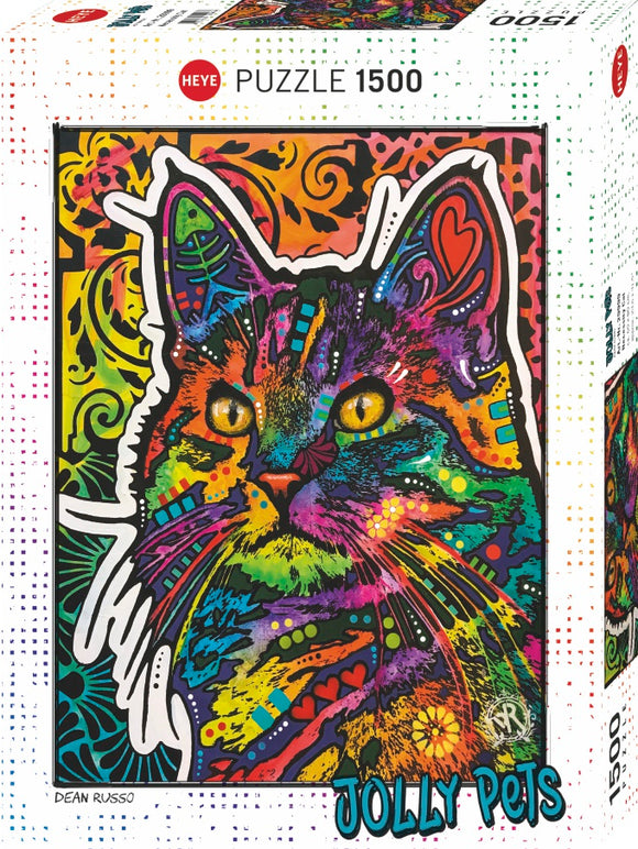 Jolly Pets Necessity Cat jigsaw puzzle by Heye, featuring a vibrant and colorful illustration of a cat with striking yellow eyes and intricate patterns in a rainbow palette. The puzzle consists of 1500 pieces, perfect for cat lovers and puzzle enthusiasts alike.