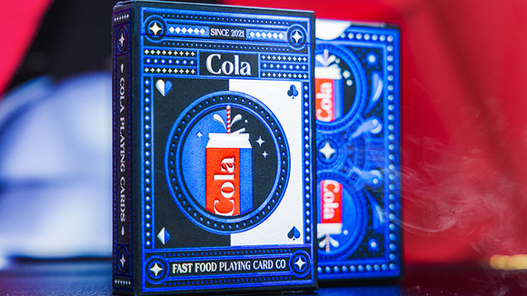 A visually striking set of Cola Playing Cards by Fast Food Playing Cards. The deck features a vibrant blue design with a depiction of a cola cup and the word 'Cola' prominently displayed. Ideal for family game nights and card enthusiasts.