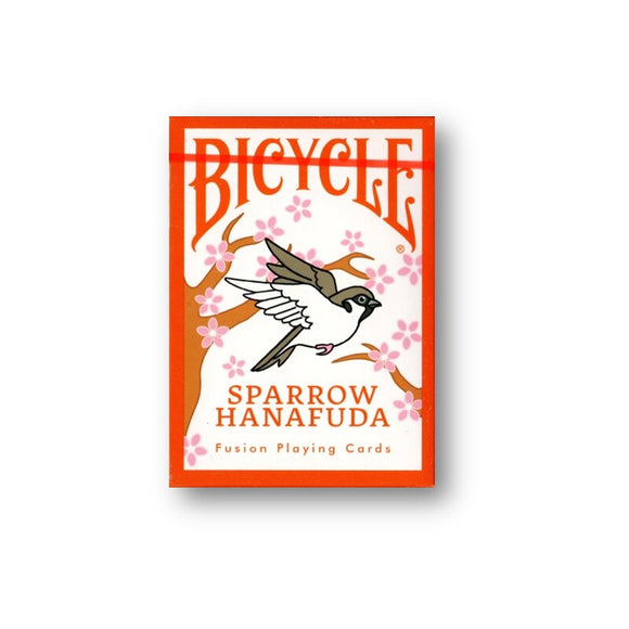 A vibrant deck of Bicycle Sparrow Hanafuda cards featuring a sparrow illustration surrounded by cherry blossoms. The packaging is bright orange with stylish typography, indicating 'Sparrow Hanafuda' and 'Fusion Playing Cards' from US Playing Card Co.