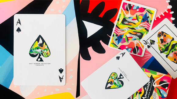 A vibrant display of the Summer Collection Mountain Cards by CardCutz, featuring colorful playing cards with unique, nature-inspired designs. The cards are spread out on a bold, abstract background with playful shapes and colors, showcasing the artistic flair of this card game.