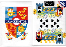 Quackington Playing Cards featuring a vibrant cover with a whimsical coat of arms design, incorporating elements like playful ducks and colorful gears. The card faces display unique illustrations, including hearts and spades, making it a delightful addition to any game night.