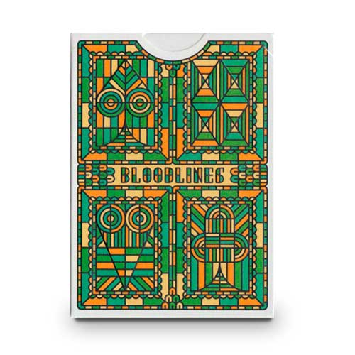 Bloodlines Emerald Playing Cards by Riffle Shuffle, featuring a vibrant design with geometric patterns in green and orange, displayed in a sleek protective box. Ideal for card games and collection.