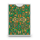 Bloodlines Emerald Playing Cards by Riffle Shuffle, featuring a vibrant design with geometric patterns in green and orange, displayed in a sleek protective box. Ideal for card games and collection.