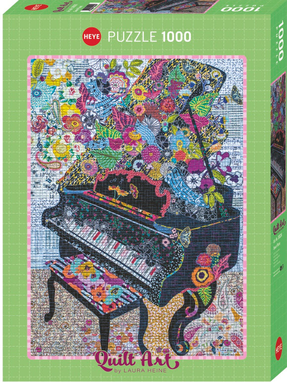 Colorful jigsaw puzzle box featuring a vibrant quilt art design of a grand piano surrounded by an assortment of flowers and musical notes. The artwork, by Laura Heine, showcases intricate patterns and a vivid color palette, intended to delight puzzle enthusiasts as they piece together this 1000-piece challenge.
