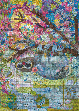 A colorful jigsaw puzzle design featuring a sloth hanging lazily from a tree branch surrounded by vibrant flowers and foliage. The intricate details include various floral patterns and textures that create a whimsical and artistic scene.
