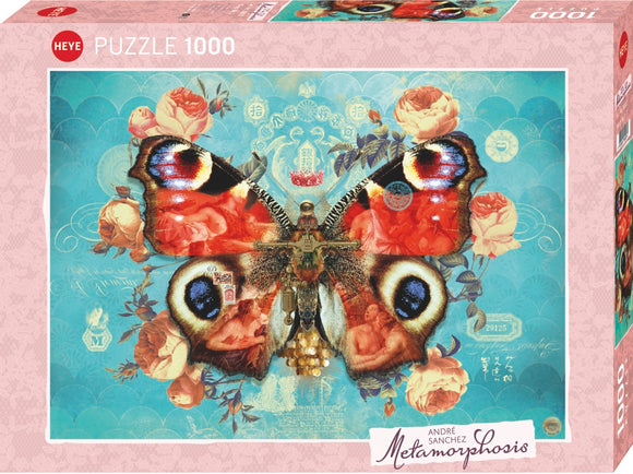 Metamorphosis Wings No.3 jigsaw puzzle by Heye, featuring a stunning illustration of a butterfly with vibrant colors, surrounded by floral elements and intricate designs. The puzzle consists of 1000 pieces, ideal for adults and puzzle enthusiasts seeking a captivating challenge.