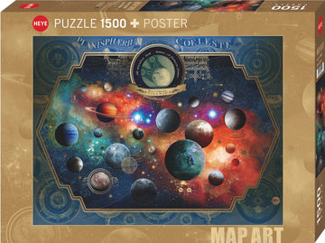 A beautifully designed jigsaw puzzle box featuring the Heye Space World theme. The packaging showcases a vibrant cosmic scene with various planets, stars, and celestial illustrations, along with a prominent vintage-style celestial map. Ideal for puzzle lovers and astronomy enthusiasts, this 1500-piece puzzle includes a poster of the artwork for additional enjoyment.