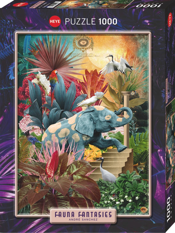 The Fauna Fantasies Elephantaisy jigsaw puzzle by Heye features a vibrant scene of a stylized elephant adorned with polka dots among lush tropical foliage. The artwork blends realism with fantasy, showcasing colorful plants and birds, creating an enchanting atmosphere. Perfect for puzzle enthusiasts and nature lovers alike, this 1000-piece puzzle promises hours of engaging fun.