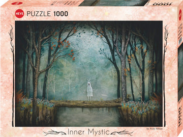 The Inner Mystic Sylvan Spectre jigsaw puzzle by Heye features an ethereal scene depicting a figure in white with antler-like branches standing on a log in a misty forest. Surrounding trees and vibrant foliage create a magical and serene atmosphere, making it an enchanting puzzle option for nature lovers and puzzle enthusiasts.