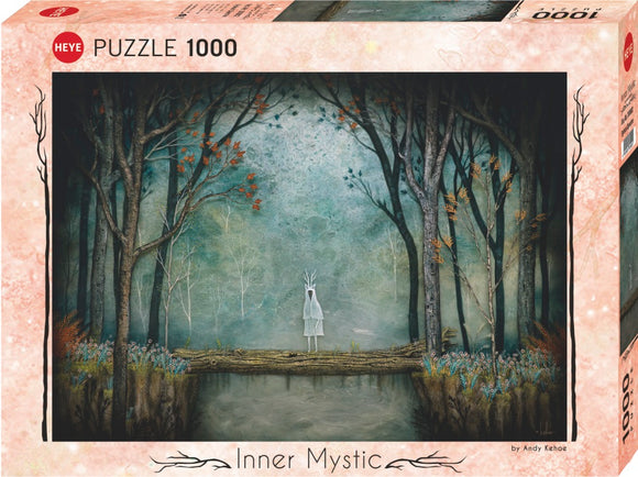 The Inner Mystic Sylvan Spectre jigsaw puzzle by Heye features an ethereal scene depicting a figure in white with antler-like branches standing on a log in a misty forest. Surrounding trees and vibrant foliage create a magical and serene atmosphere, making it an enchanting puzzle option for nature lovers and puzzle enthusiasts.