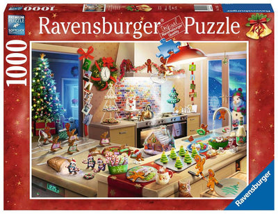 Merry Mischief jigsaw puzzle by Ravensburger featuring a festive kitchen scene adorned with a Christmas tree, gingerbread cookies, and colorful decorations. The cozy room is illuminated by warm light, showcasing a tree-shaped cake and various treats, enhancing the cheerful holiday spirit. This 1000-piece puzzle promises hours of fun for puzzle enthusiasts of all ages.