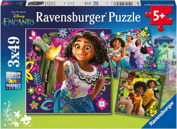 Disney Encanto 3x49-piece jigsaw puzzle by Ravensburger featuring vibrant artwork of characters from the movie. Includes colorful pieces showcasing family members and enchanting moments, perfect for ages 5 and up.