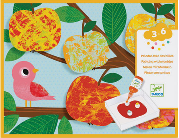 A colorful DIY kit product image featuring a nature painting theme with marbles. The image showcases vibrant apples in yellow and orange hues on a tree with green leaves, alongside a cute pink bird. The kit includes paints and instructions for children aged 3 to 6 to create their own marble paintings.