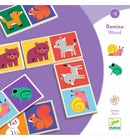 Colorful wooden domino game featuring playful animal designs, including a fox, bear, frog, and snail. The set includes 28 pieces, perfect for enhancing memory and matching skills in children aged 2 and above.