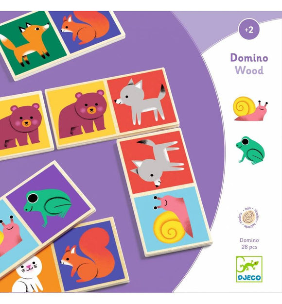 Colorful wooden domino game featuring playful animal designs, including a fox, bear, frog, and snail. The set includes 28 pieces, perfect for enhancing memory and matching skills in children aged 2 and above.