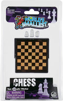 The World's Smallest Chess set by Super Impulse, featuring a mini game board with a classic checkered pattern and small magnet chess pieces. Designed for ages 6 and up, the compact set includes a game case and is ideal for travel or fun play anywhere. The packaging highlights a warning about small parts. Perfect as a gift or for chess enthusiasts seeking a quirky collectible.