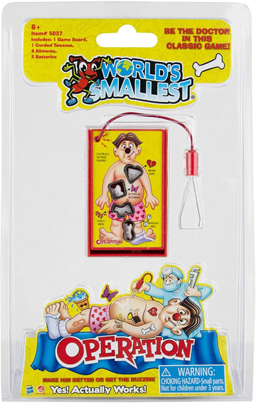 The World's Smallest Operation game by Super Impulse features a miniature game board with a cartoonish character lying down, his body showing various ailments. Includes tweezers for surgical play, vibrant colors, and playful graphics to engage young players. This classic game requires two button cell batteries and is a fun and interactive toy suitable for ages 6 and up.