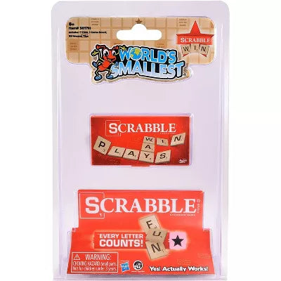 The World's Smallest Scrabble from Super Impulse, featuring tiny letter tiles in a compact format. The packaging showcases vibrant colors, with the Scrabble logo prominently displayed, making it an eye-catching product for word game enthusiasts. The text highlights the fun and playful nature of this miniature game, emphasizing that every letter counts.