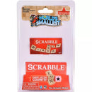 The World's Smallest Scrabble from Super Impulse, featuring tiny letter tiles in a compact format. The packaging showcases vibrant colors, with the Scrabble logo prominently displayed, making it an eye-catching product for word game enthusiasts. The text highlights the fun and playful nature of this miniature game, emphasizing that every letter counts.