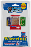 The World's Smallest Waterfuls toy by Super Impulse is a classic handheld water game featuring colorful graphics, including a mini basketball game and a colorful maze. The packaging showcases the product in a vibrant and playful design, emphasizing its compact, fun shape, and 'Yes! Actually Works!' label, making it a nostalgic and entertaining item for children and adults alike.
