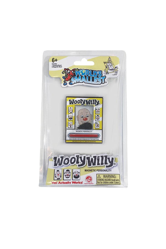 The World's Smallest WoolyWilly toy by Super Impulse features a magnetic personality board and wand. This compact set allows users to create unique hairstyles and expressions by moving iron filings with the magnetic wand. The colorful packaging showcases the fun and creative possibilities of this entertaining fidget toy, ideal for ages 6 and up.