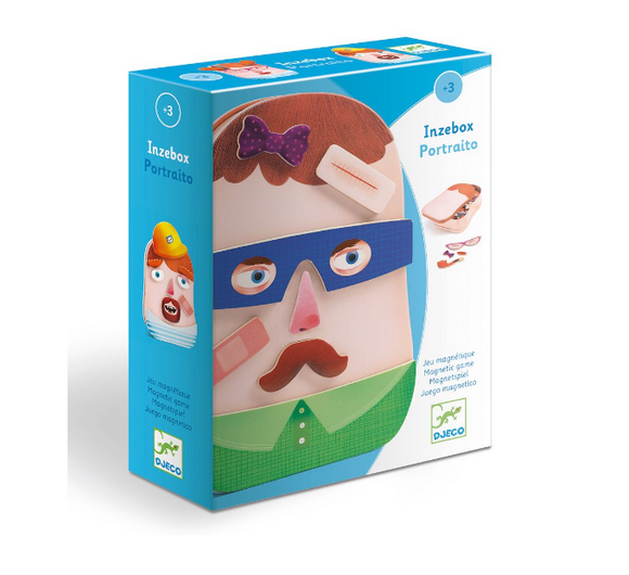 Portraito InZeBox by Djeco is a fun, magnetic jigsaw puzzle that allows children to create imaginative faces using various interchangeable pieces. The colorful packaging showcases the unique game, designed for ages 3 and up, highlighting its educational value and creativity.