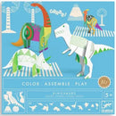 The Djeco Dinosaurs Color. Assemble. Play DIY kit featuring colorful dinosaur figures waiting to be colored and assembled. The packaging displays various playful dinosaur designs, a bright blue background, and illustrations of completed models, suitable for children aged 5 and up.
