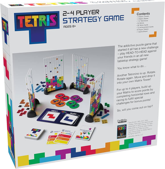 Tetris strategy game for 2-4 players, ages 8+. Includes colorful Matrix Towers, base pieces, Tetriminos, achievement cards, and game board. Players challenge each other by completing rows and scoring points. The vibrant box features iconic Tetris branding.