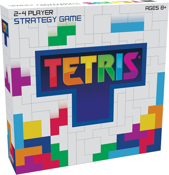 Tetris board game box design by Buffalo Games, featuring vibrant colors and a dynamic logo. Suitable for 2-4 players and ages 8 and up, the box showcases a strategy game with iconic Tetris shapes.