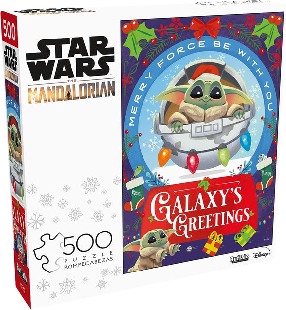 Galaxy's Greetings jigsaw puzzle featuring Grogu from Star Wars: The Mandalorian. The box showcases Grogu in a festive setting with Christmas lights and gifts, promoting a holiday theme.