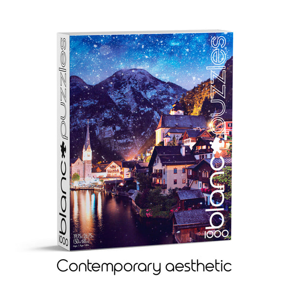 Blanc Puzzles jigsaw puzzle featuring a stunning night view of Hallstatt, Austria. The artwork showcases a picturesque village nestled by a lake, surrounded by majestic mountains under a starry sky. This 1000-piece puzzle is perfect for both beginners and experienced puzzlers, providing hours of engaging entertainment.