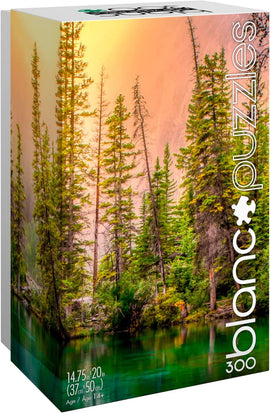 Blanc Puzzles jigsaw puzzle depicting the serene Grassi Lakes in Alberta, Canada. The puzzle features a tranquil landscape with vivid green trees and serene water reflections, making it an ideal choice for nature lovers and puzzle enthusiasts. The puzzle measures 14.75 x 20 inches and contains 300 pieces, perfect for ages 14 and up.