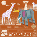 Savanna Color Assemble Play DIY kit by DJECO featuring colorful, easy-to-assemble animal figures including a giraffe, lion, and elephant. Perfect for creative play and educational fun, suitable for ages 5 and up.