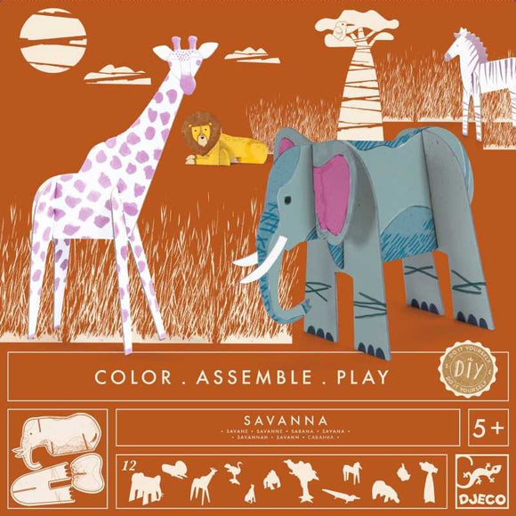 Savanna Color Assemble Play DIY kit by DJECO featuring colorful, easy-to-assemble animal figures including a giraffe, lion, and elephant. Perfect for creative play and educational fun, suitable for ages 5 and up.
