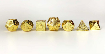 A set of eight 10MM metal gold RPG dice arranged neatly. The dice feature various shapes including cubes and polyhedrals, all exhibiting a shiny gold finish. Each die displays engraved numbers, enhancing their appeal for tabletop games.