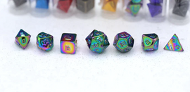 A vibrant 10MM Metal Rainbow RPG Dice Set by Hymgho, featuring a variety of geometric shapes including a d20, d12, and d6, showcased against a subtle glittery background. The dice exhibit a stunning rainbow metallic finish with clear and bold numbering.