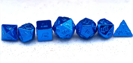 A vibrant 10MM Metal Blue RPG Dice Set by Hymgho, featuring eight unique polyhedral dice, glinting with a shiny blue metallic finish. The set includes various shapes traditionally used in tabletop role-playing games, such as the D20, D12, D10, D8, D6, and D4, all showcasing intricate engraved numbers for easy readability.