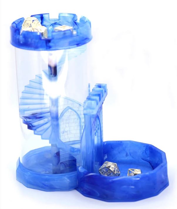 A transparent blue dice tower featuring a spiral staircase design. The tower is shaped like a castle with a decorative base. Two dice sit at the bottom, ready for gaming.