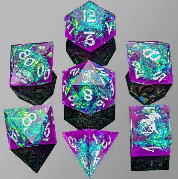 A vibrant Purple Green Sharp Edge RPG Dice Set by Hymgho, featuring eight polyhedral dice with sharp edges, displaying intricate holographic patterns within and white numerical markings. Ideal for tabletop gaming and role-playing games.