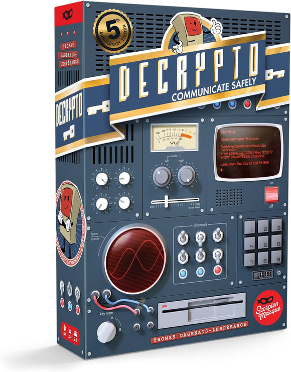 Decrypto: 5th Anniversary Edition box featuring a retro-inspired design with communication-themed graphics. The front displays the game title prominently, along with a playful character and various dials and gauges, emphasizing strategy and team play. Ideal for game nights with friends and family.