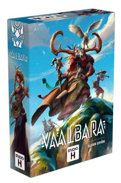 The game Vaalbara by STUDIO H features a vibrant box design showcasing majestic characters immersed in a fantastical landscape. A warrior adorned with animal motifs stands prominently, surrounded by allies and magical creatures, conveying an adventurous theme suitable for various ages.