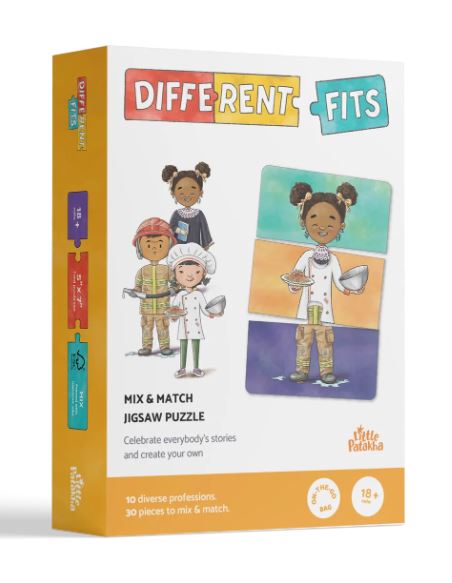 The Different Fits jigsaw puzzle by Little Patakha features a colorful box showcasing characters in various professional outfits, inviting players to mix and match pieces. The puzzle includes 10 diverse professions and 30 pieces to create unique combinations, promoting creativity and storytelling.
