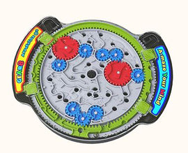 Apprentice Gear Maze by Play-a-Maze is a circular mechanical puzzle featuring colorful gears in red and blue, set against a gray base with a vibrant green border. The design invites users to engage their minds while navigating the gears to solve the maze, combining fun and cognitive challenge in an interactive experience.