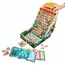 Oh No, Volcano! game by Buffalo Games featuring a colorful mountain slope game board with climbing elements, climber cards, and game pieces. A hand is seen guiding a game piece down the slope, surrounded by vibrant illustrations of nature.