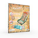 Back packaging of the game 'Oh No, Volcano!' by Buffalo Games. The design features colorful illustrations and game components, including cards, treasure icons, and a volcano model. Instructions highlight gameplay elements such as climbing the volcano, avoiding lava balls, and collecting treasure tokens. Suitable for ages 8 and up, it promises entertaining challenges for players.