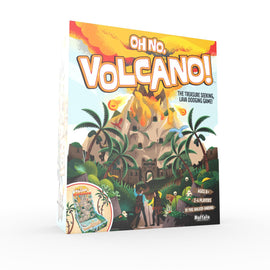 A colorful board game box titled 'Oh No, Volcano!' created by Buffalo Games. The design features an erupting volcano in the background with palm trees, explorers, and various treasures. It promotes a fun and adventurous gameplay experience for 2-4 players aged 8 and up.