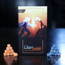 The game 'Till the Last Gasp' by DARRINGTON PRESS LLC is depicted with its striking cover showing two silhouetted characters engaged in a duel, surrounded by vibrant colors of orange and blue. The packaging is positioned prominently against a dark background, with orange and blue dice arranged in stacks next to the box.