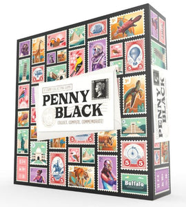 Penny Black game by Buffalo Games, featuring a colorful box design adorned with a variety of vintage-style postage stamps. The front showcases the title 'Penny Black' prominently, alongside taglines: 'Collect. Compete. Commemorate!' This exciting stamp collecting game is perfect for family game nights and fun gatherings.