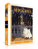 Spooked jigsaw puzzle by New York Puzzle Company features a New Yorker magazine cover illustration depicting a spooky Halloween scene with ghostly figures near a gate and a haunted house background. The puzzle consists of 500 pieces, showcasing vibrant colors and intricate details.