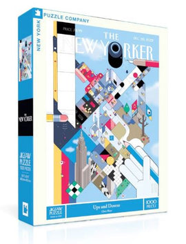 Ups and Downs jigsaw puzzle by New York Puzzle Company featuring a vibrant and colorful design inspired by The New Yorker magazine. The puzzle contains 1000 pieces and showcases various buildings and geometric shapes, perfect for puzzle enthusiasts and fans of art. The box is prominently displayed with the iconic New Yorker logo, emphasizing its cultural significance.